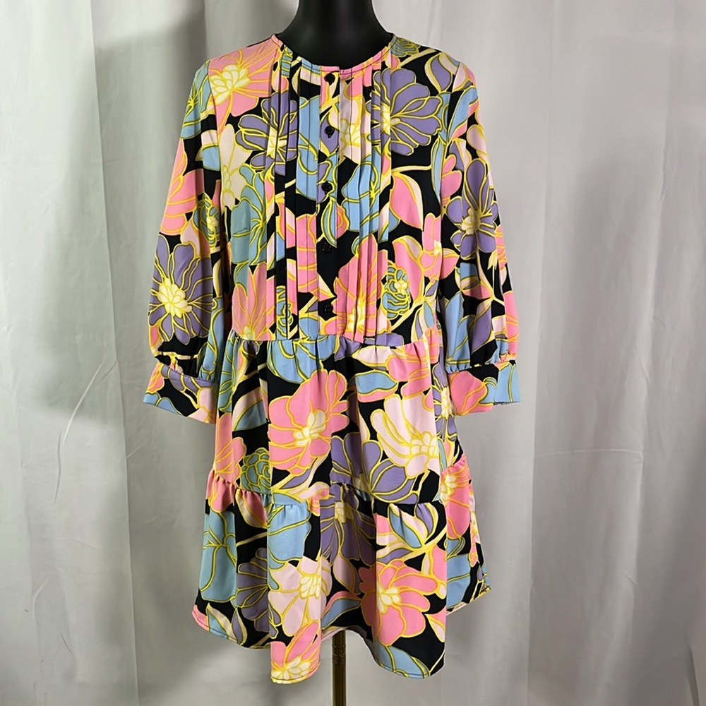 Who What Wear Colorful Floral Print 3/4 Sleeve Tiered Hem Babydoll Dress